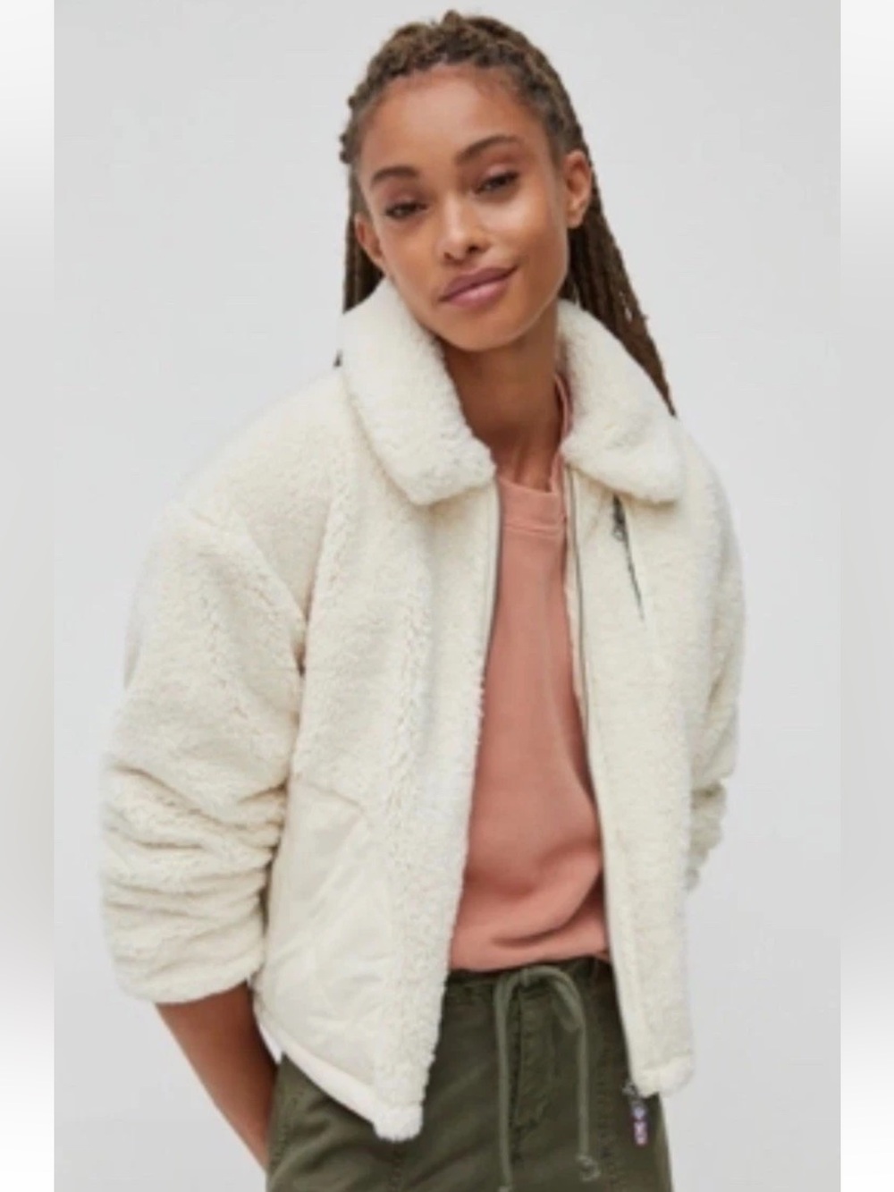 Anthropologie Cream Sherpa Bomber Zip-Front Jacket Sz XS Off White